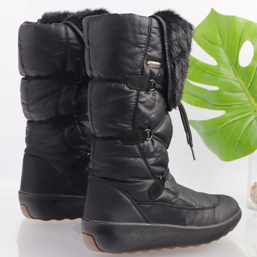 Pajar Womens Snow Boots Size 41 10 Waterproof Black Nylon Furry Pull On Quilted